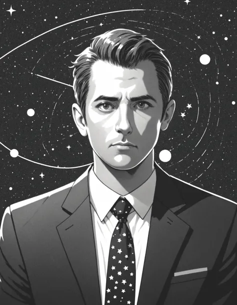 a man in a suit and tie standing in front of a space background