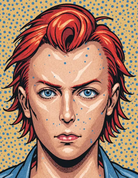 Halftone Color Process, CMYK halftone, a man with red hair and piercings on his face is looking at the camera with a serious exp...