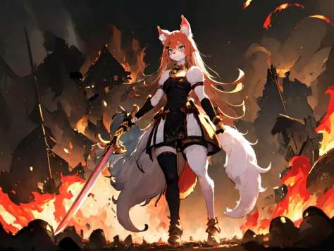 [Lily Fisher], Original Character, ((((1girl,)))) fluffy wolf tail, wolf ears,
((teenager,)) sharp eyebrows, Bright aqua intense eyes, full and inviting lips, small nose, angular jawline, long down and flowing blonde hair, (bandages on arms), blush, thick thighs, Dignified,
((wielding 1 sword in right, neck bell, red collar,))
((standing Standing In The Burning Destroyed Middle Ages village,)) surrounded by fire and collapsed wooden horse, smoke and dust in the air, covered by dust,
Volumetric Lighting, Best Shadows, Shallow Depth of Field, Highest Quality, Amazing Details, Brilliant Colorful Paintings,
(Wide shot), (Nikon D750 + 24-70mm f/2.8 lens), ((golden_ratio composition)), ((full body,)) bottom-up,
<lora:furry_female:0.6> furry, furry female, body fur, animal ear fluff,
 <lora:KnightT:0.7> KnightT, armor,