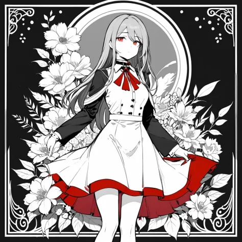 taluopai,1girl,solo,dress,flower,choker,solid color,red highlights long hair,suit grayscale,border , <lora:taluopai:0.7>
