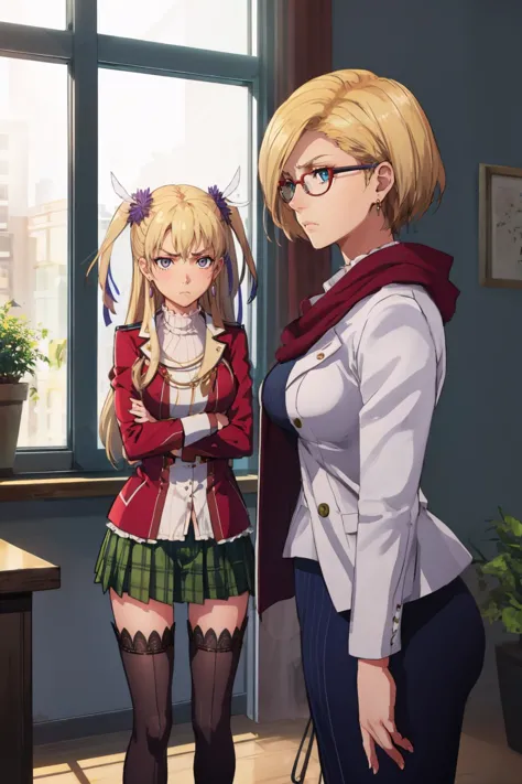 masterpiece, best quality, 2girls, standing, office  ADDBASE Irina Reinford, blonde hair, short hair, blue eyes, red glasses, medium breasts, purple scarf, white jacket, suit, green undershirt, ruffles, blue skirt, jewelry, earrings, golden chain, solo, emotionless ADDCOL alisa reinford, two side up, sen1alisa, purple ribbon, turtleneck, red jacket, green miniskirt, brown thighhighs, standing, furrowed brow, pouting, annoyed, short girl, crossed arms 