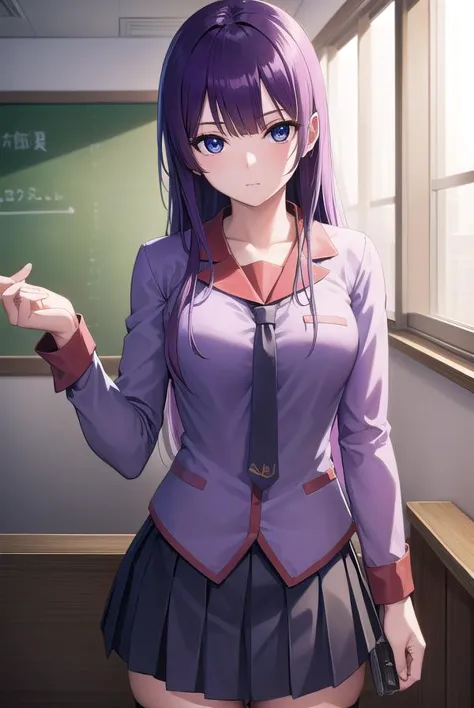 anime girl in a school uniform pointing at a chalkboard