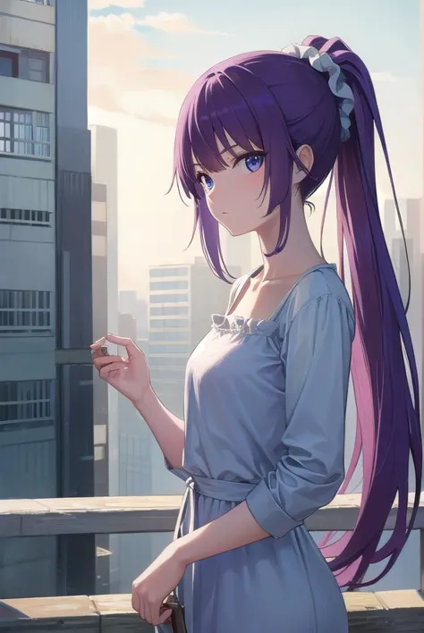 anime girl with purple hair and blue eyes standing on a balcony