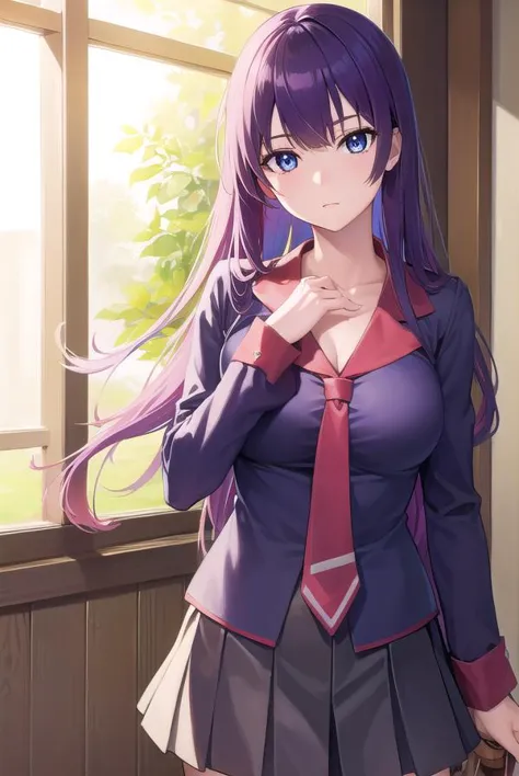 anime girl in uniform posing in front of window with her hand on her chest