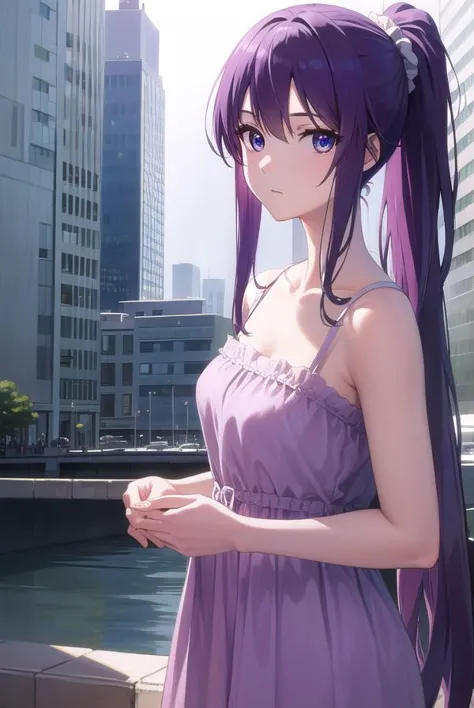 anime girl in purple dress standing in front of a river