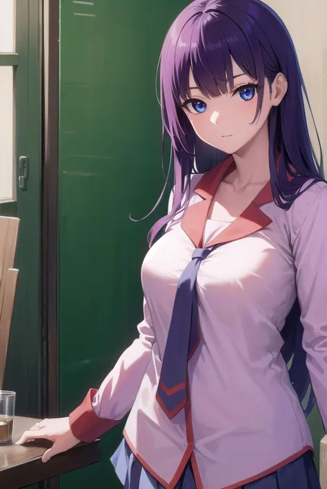 anime girl in uniform standing in front of a painting easel