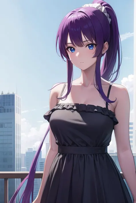 hitagisenjougahara, <lora:hitagisenjougahara-lora-nochekaiser:1>, 
senjougahara hitagi, long hair, bangs, ponytail, sidelocks, scrunchie, blue eyes, purple hair, (medium breast:1.2), 
BREAK casual dress, casual,
BREAK outdoors, city,
BREAK looking at viewer, (cowboy shot:1.5),
BREAK <lyco:GoodHands-beta2:1>, (masterpiece:1.2), best quality, high resolution, unity 8k wallpaper, (illustration:0.8), (beautiful detailed eyes:1.6), extremely detailed face, perfect lighting, extremely detailed CG, (perfect hands, perfect anatomy),