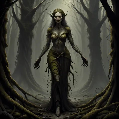 a woman in a forest with a tree trunk and a long dress