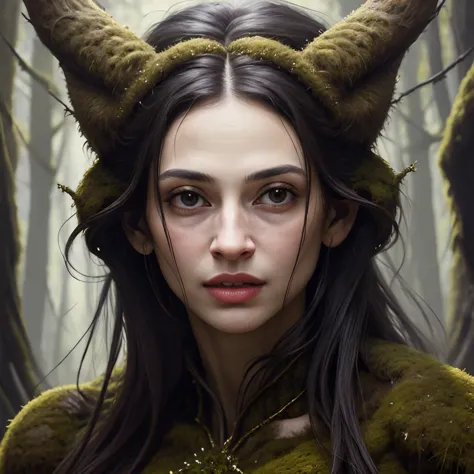 arafed woman with horns and a green coat in a forest