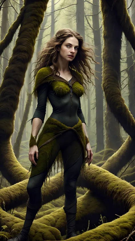 arafed image of a woman in a forest with moss