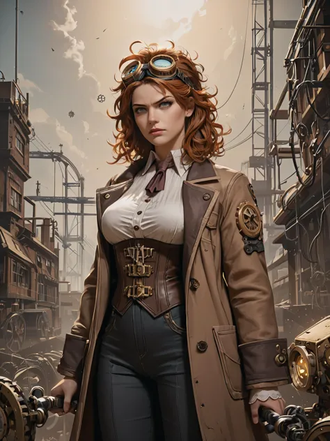 1girl,  An anime-style closeup portrait of a steampunk sorceress with short, messy brown hair and goggles perched on her forehead. Her eyes glow with magical energy, and a determined expression sets her jaw. She wears a corset adorned with gears and wires, and a long coat with pockets overflowing with potions and vials. Highlight the unique blend of steampunk technology and magical elements in her outfit and the intensity in her gaze.