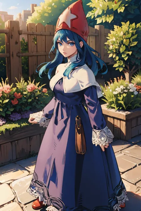 masterpiece, best quality,  <lora:FinalFantasy_FemaleTimeMage:1> TimeMageFFT, hat, ((long dress)), capelet,  <lora:byleth-nvwls-v2:0.8> fembyleth, garden, looking at viewer