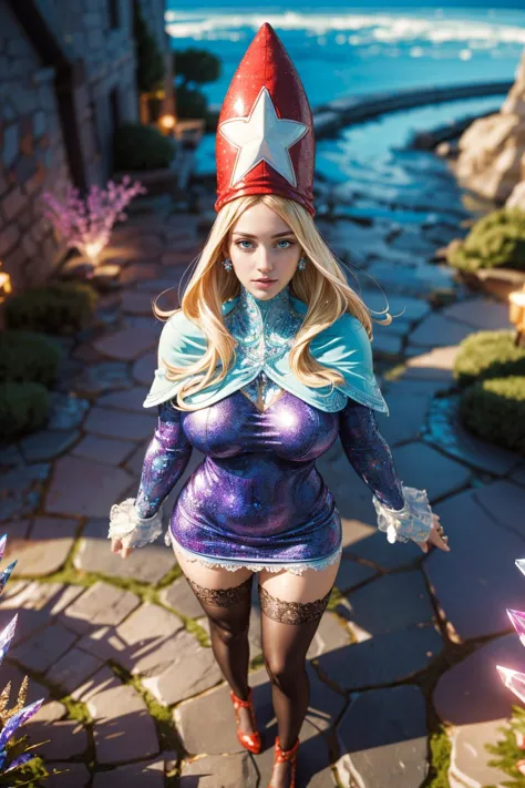 (ultra realistic,32k, masterpiece:1.2),(high detailed skin:1.1),( high quality:1.1),
<lora:FinalFantasy_FemaleTimeMage:0.8>TimeMageFFT, blonde hair, long hair, sidelocks, hat,short dress, thigh highs, capelet, magic, magic spell,,(looking at viewer, standing, from above:1.1),, huge breast,large breast,<lora:add_detail:0.83>,
(bioluminiscent:1.1),   crystal labyrinth, dazzling crystals, intricate pathways, test of wit and courage, blurry background