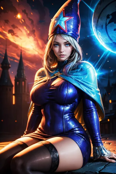 (ultra realistic,32k, masterpiece:1.2),(high detailed skin:1.1),( high quality:1.1),
<lora:FinalFantasy_FemaleTimeMage:0.8>TimeMageFFT, Deep Space Sparkle hair, long hair, sidelocks, hat,short dress, thigh highs, capelet,,(looking at viewer, sitting:1.1),, huge breast,large breast,<lora:add_detail:0.8>,(upper body:1.1),(magic, magic spell:1.3),
(soft shaded neon light:1.1),   stormkeep citadel, thundering skies, imposing fortress, elemental power, blurry background