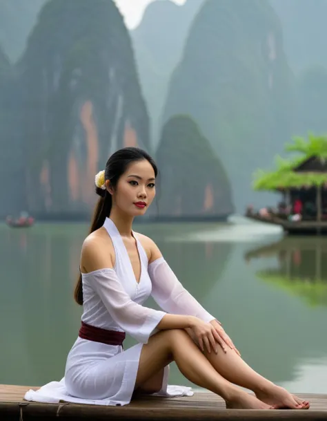 <lora:barbiefy:1.0> Vietnam,  a young beautiful woman at a tranquil place