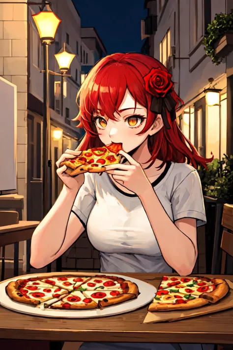 anime girl eating pizza in a restaurant with a street light in the background