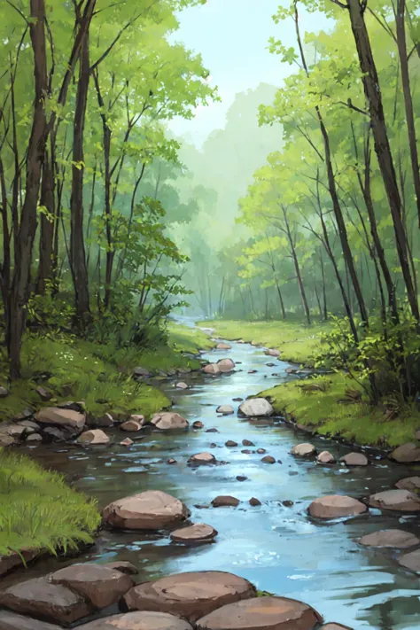 painting of a stream in a forest with rocks and trees