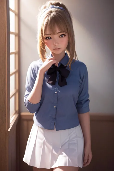 masterpiece, best quality, highres, 1girl, kei karuizawa, blue shirt, white skirt <lora:kei_karuizawa_final:1> realistic