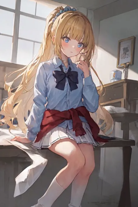 anime girl sitting on a table with her hand on her chin