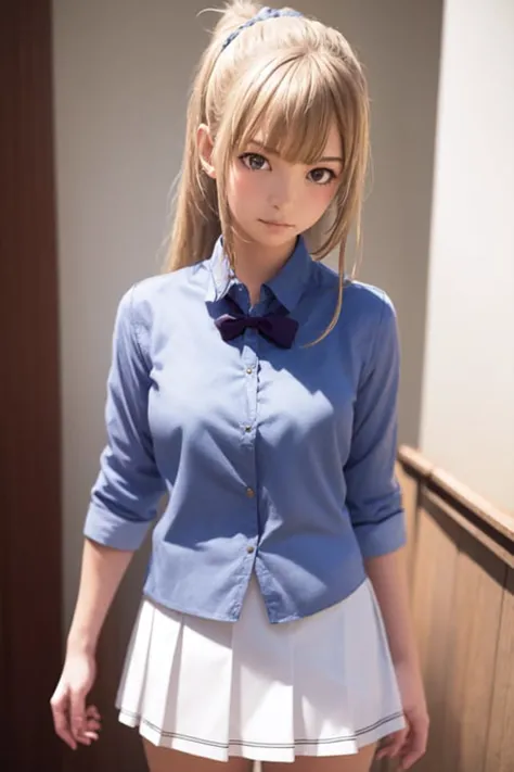 masterpiece, best quality, highres, 1girl, kei karuizawa, blue shirt, white skirt, standing, upper body, realistic <lora:kei_karuizawa_final:1>