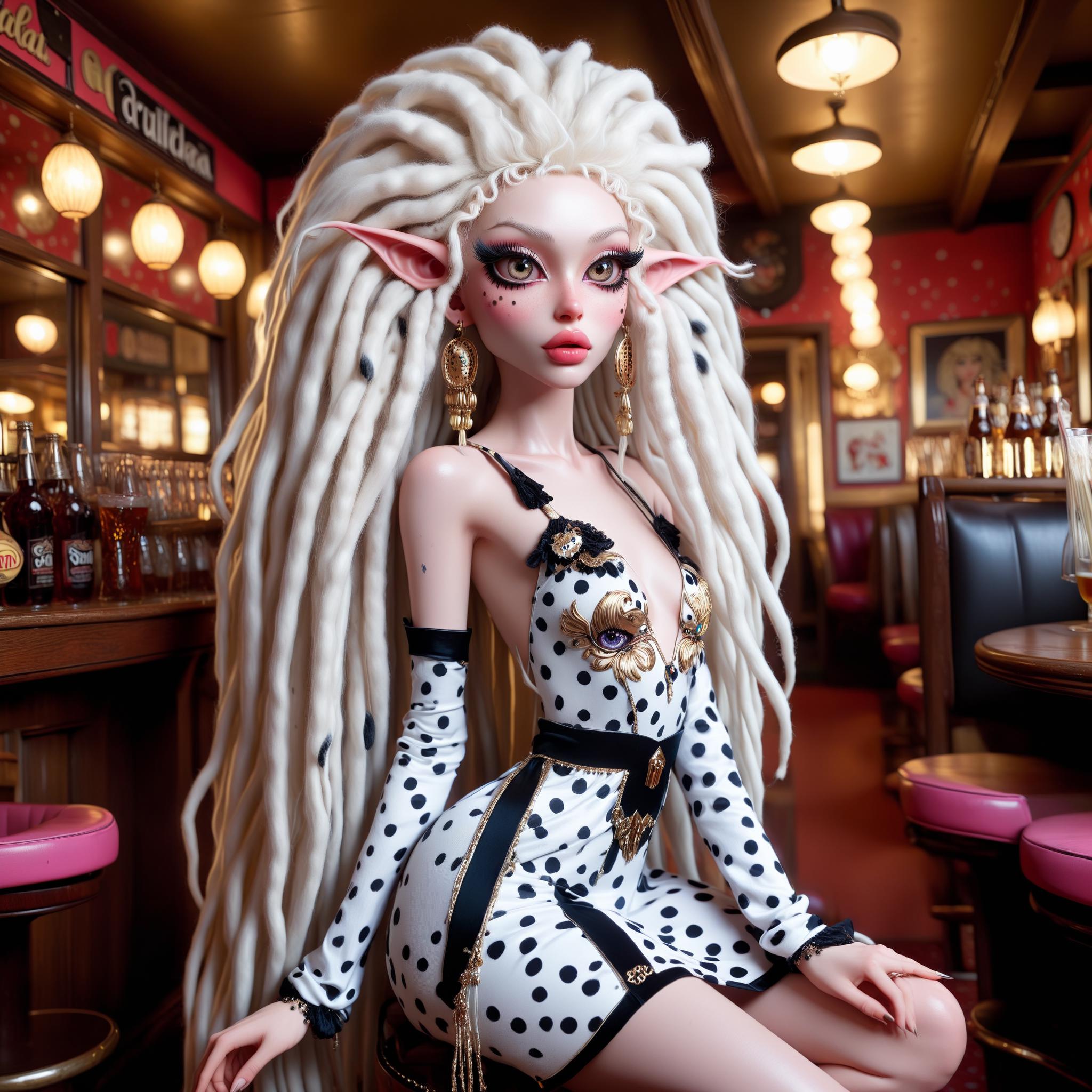 Blond haired doll with long white hair sitting on stool in a bar - SeaArt AI