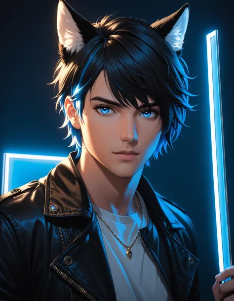 a close up of a person with a cat ear and a sword