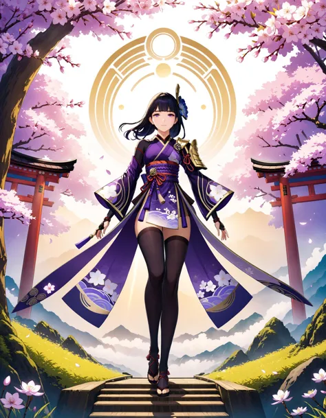 Tarot Card Style, Hoyoearth, raiden shogun, purple eyes, black thighhighs, bridal gauntlets, hair ornament,   cherry blossoms, coattails, armor, floral print, japanese clothes, kimono, long sleeves,   mitsudomoe (shape), purple flower, purple kimono, purple thighhighs, ribbon,    sash, shoulder armor, tassel, tomoe (symbol), torii, wide sleeves, a large circle of a person above a tree in an image, in the style of vibrant fantasy landscapes, teal and bronze, energy-filled illustrations, hikecore, sublime wilderness, poster art, i can't believe how beautiful this is, very detailed, cinematic angle, ultra sharp, rembrandt lighting, side lighting, cinematic shading, cinematic lighting, foreshortening, detailed background, masterpiece, best quality , official art , <lora:hoyoverse_SDXL:0.8>