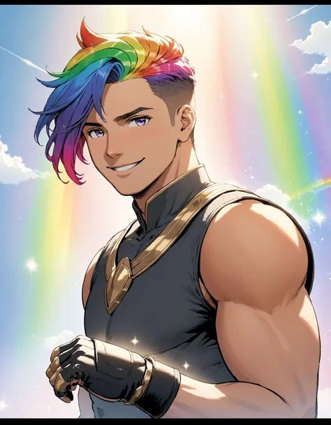 a close up of a person with a rainbow hair and a rainbow