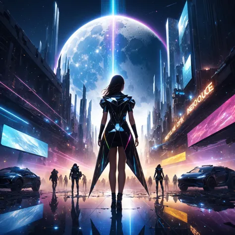 a woman standing in front of a futuristic city with a giant moon in the background