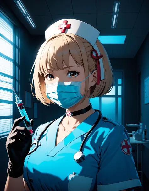 anime nurse with a mask and gloves holding a sydel