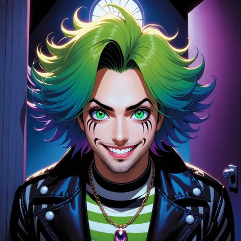 a close up of a person with green hair and a green jacket