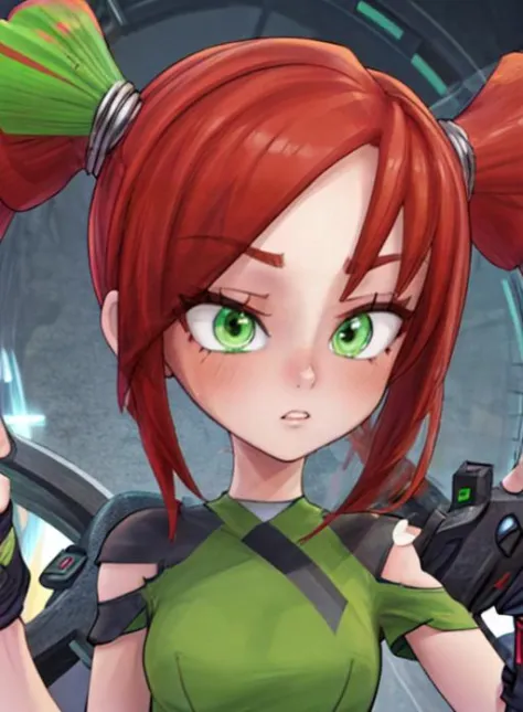 best quality, (masterpiece),(ultra-detailed), (high quality), (high resolution),  trixie, red hair, twintails, gloves, short twintails,green eyes, green shirt,