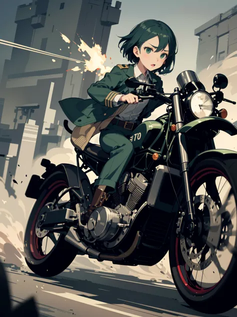 anime girl riding a motorcycle in a city with buildings in the background