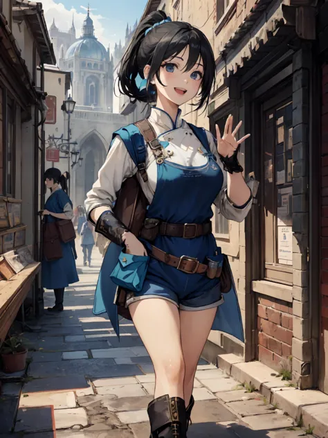 anime girl in blue dress walking down a narrow street