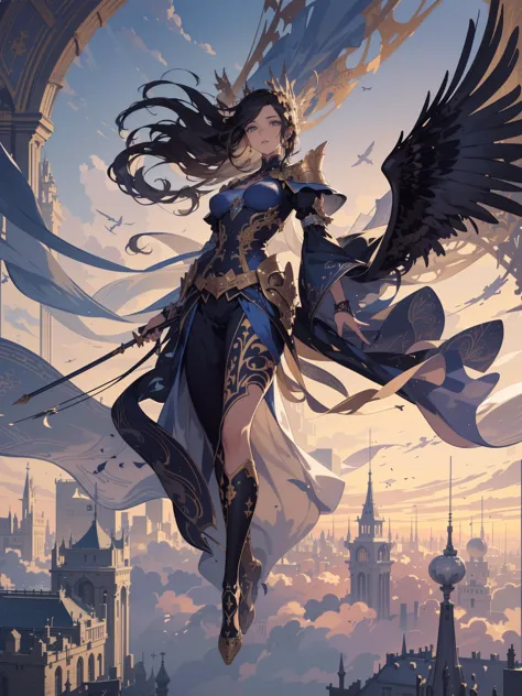 a woman with wings flying over a city with a castle in the background