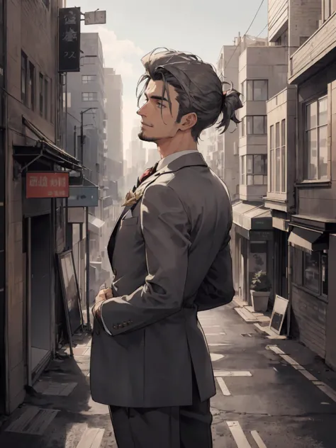 anime character in a suit standing in a narrow alley