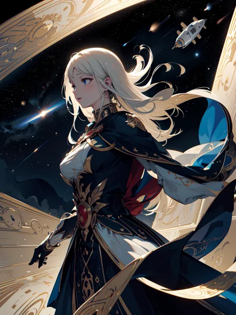 a close up of a woman with a sword in a space setting