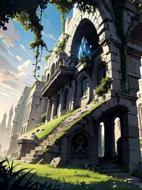 ((extremely detailed illustration)), highres, ((extremely detailed and beautiful background)), (professional illustrasion), (official art), ((Ultra-precise depiction)), ((Ultra-detailed depiction)), (beautiful:1.2 and aesthetic:1.2), beautiful detailed, intricate:1.1, nice hands, An ancient ruined city located inside a large hollowed out tree., 
The city floats in the air, a large crystal shining strongly from the tree., 
The tree has grown large and ivy is growing around its walls., 
The city is also covered with grass, and in some places there are mechanical soldiers who have stopped moving., 
The power of the crystal causes the city to wander through the air like a floating continent.,