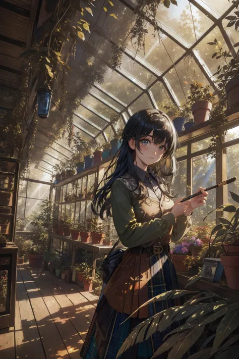 a woman in a greenhouse with plants and a phone