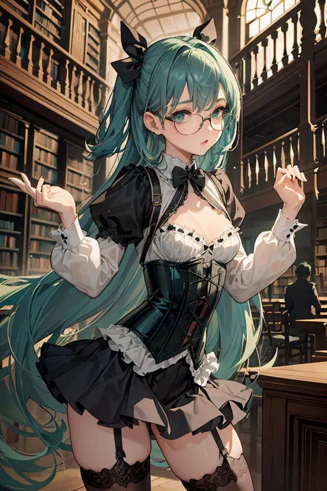 a woman in a library with a bookcase and a cat