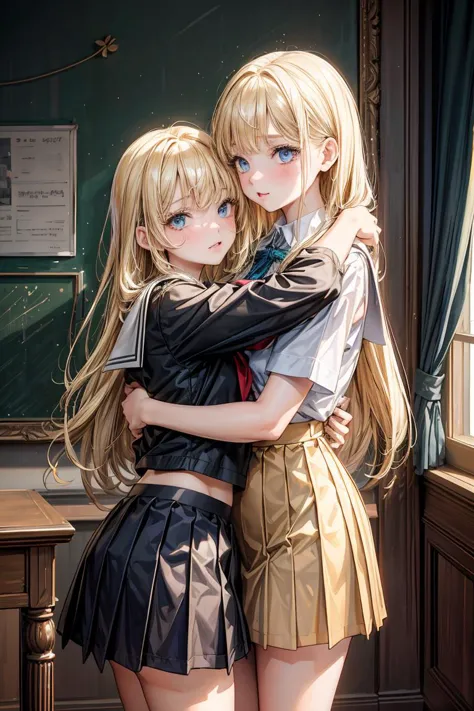 (masterpiece, best quality), 2girls, hug, blonde, school uniform, size difference, <lora:add_detail:1>