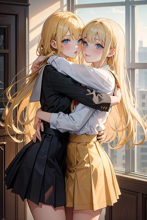 two anime girls hugging each other in front of a window