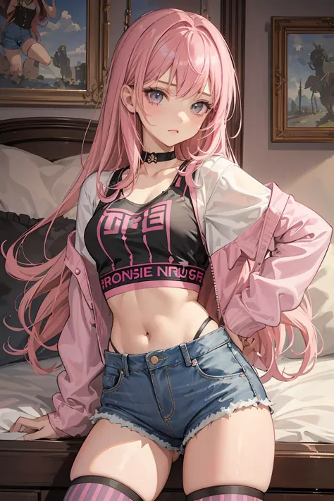 anime girl with pink hair and blue shorts posing on a bed