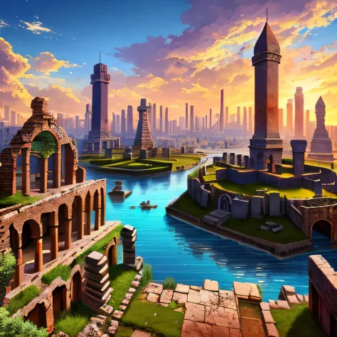 A crumbling city in the ruins of an ancient civilization, fantasy world