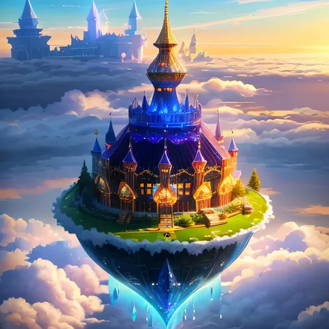 A floating island in the clouds with a glowing crystal palace, fantasy world<lora:openjourneyLora:1.0>