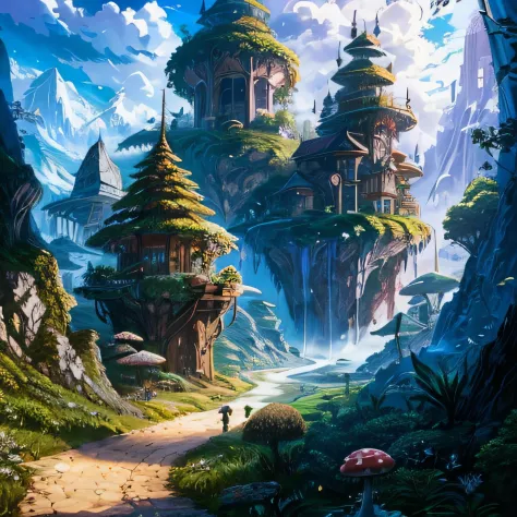 a mushroom kingdom filled with exotic world, fantasy forest, (Anime, fantasy:1.2)