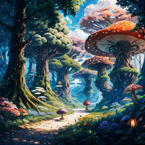 a mushroom kingdom filled with exotic world, fantasy forest, (Anime, fantasy:1.2)<lora:depths-fC_v1.1:1.0>