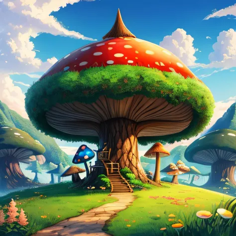a mushroom kingdom filled with exotic world, fantasy forest, (Anime, fantasy:1.2)