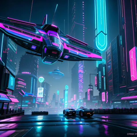 A cyberpunk world with neon lights, flying cars, fantasy world<lora:openjourneyLora:1.0>