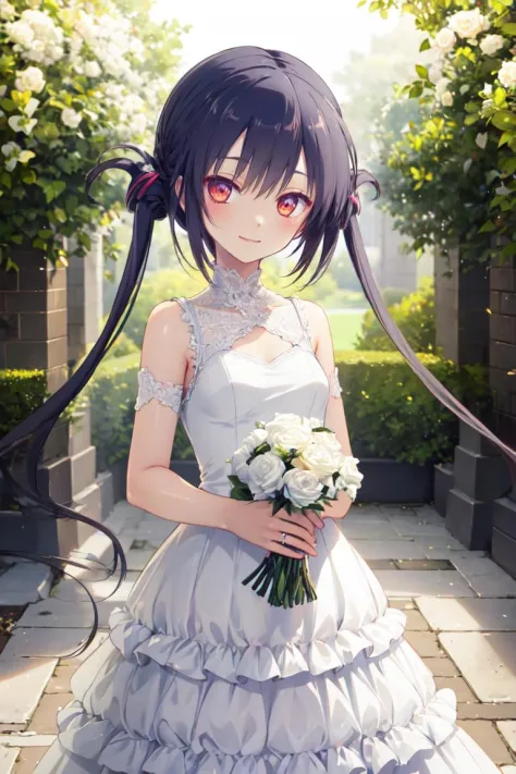 masterpiece, best quality, ultra-detailed, glistening shiny, glowing light, ray tracing, HDR, deph of field, (perfect face, detailed face), <lora:TakakuraAnri:0.8>, 1girl, solo, takakuraanri, long hair, small breasts, twintails, smile, wedding dress, hands on own chest, holding bouquet, standing, cathedrall